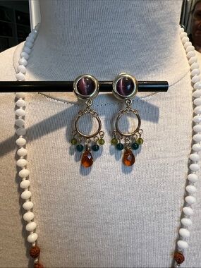 Gold-Tone Dangle Clip Earrings with Purple Cabochon and Amber Drops